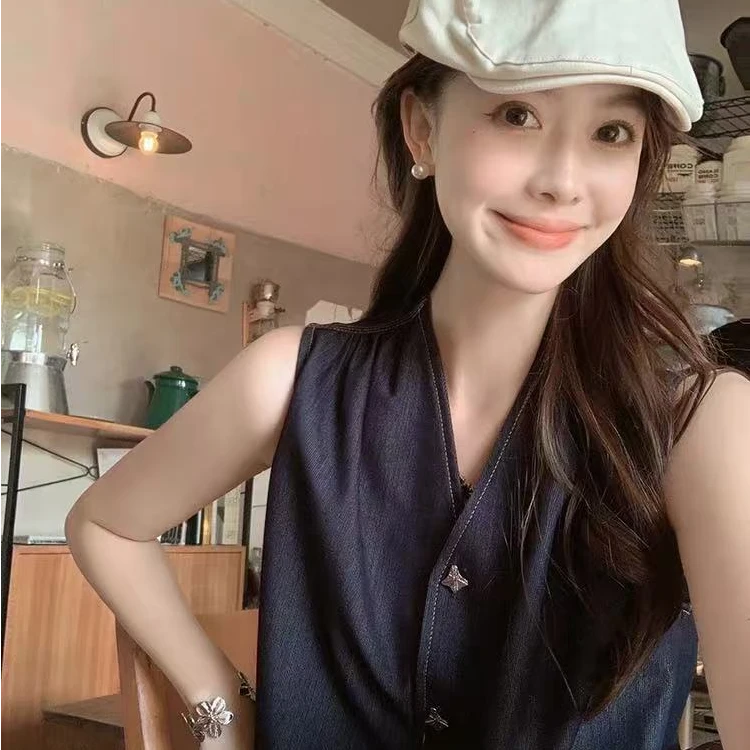 美洋MEIYANG 木耳花连衣裙 仿牛仔宽松无袖V领撞色明线花边背心裙