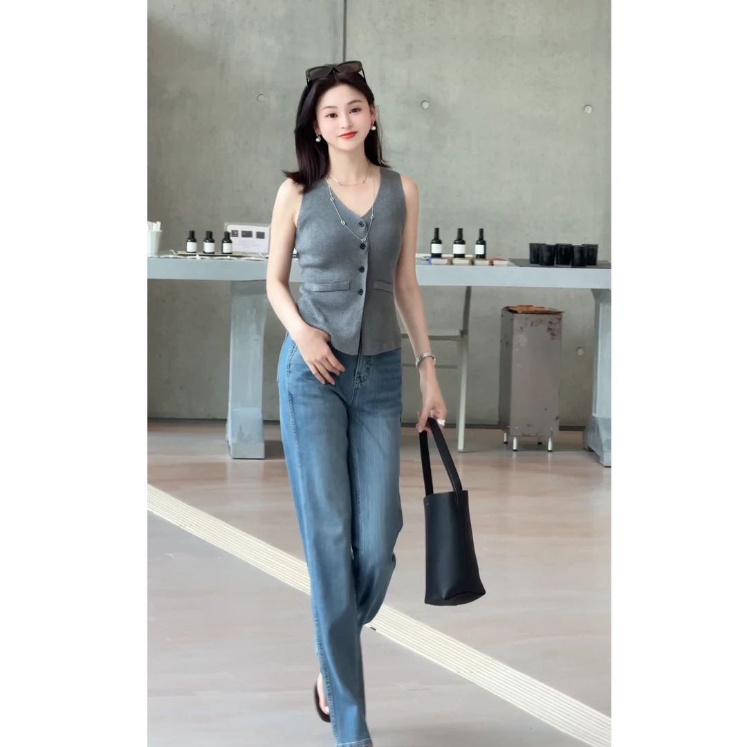 【微微专属】2025蓝色牛仔裤女夏季新款天丝牛仔裤直筒裤百搭休闲