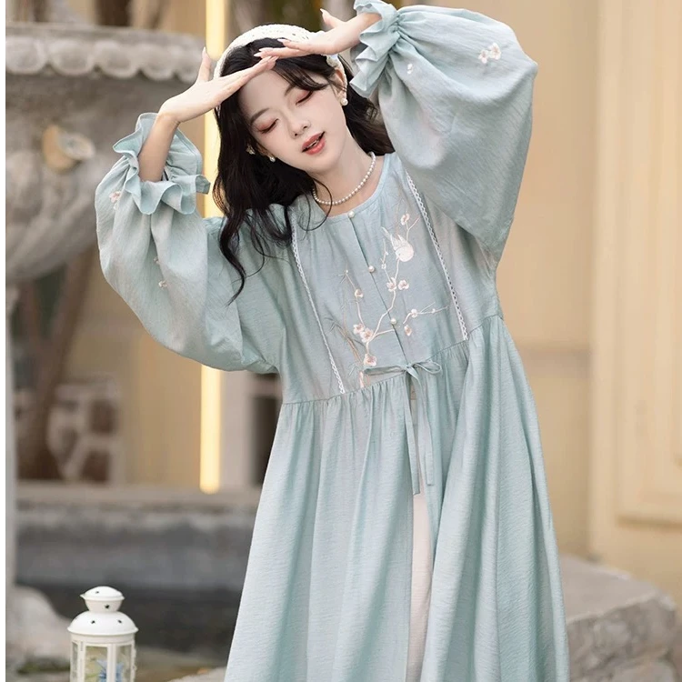 池夏【花间事:蓝椰啵啵】汉元素人棉圆领长衫宋裤原创汉服女 春夏