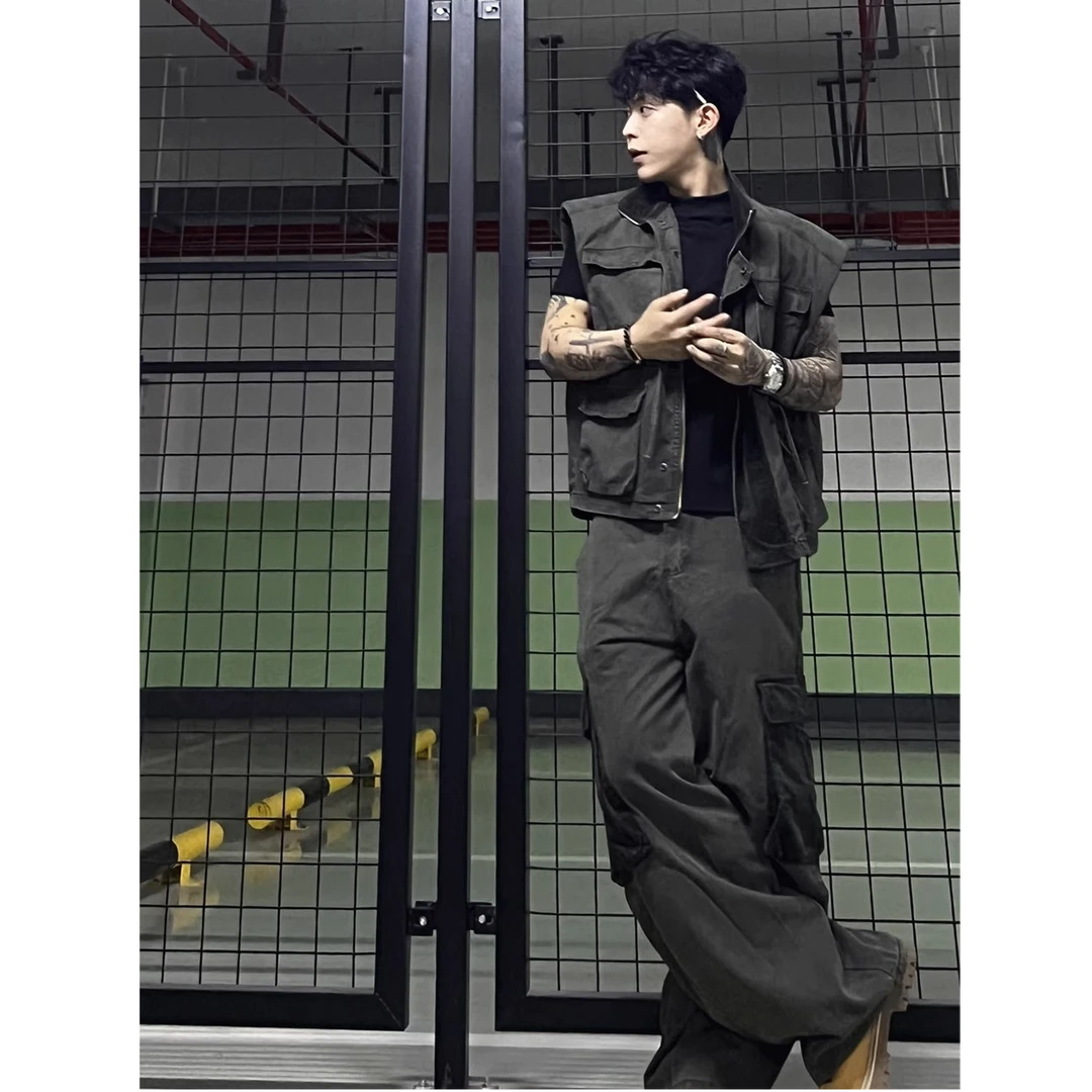 美式复古工装阔肩立领马甲宽松弯刀长裤套装夏季新款潮流休息男士