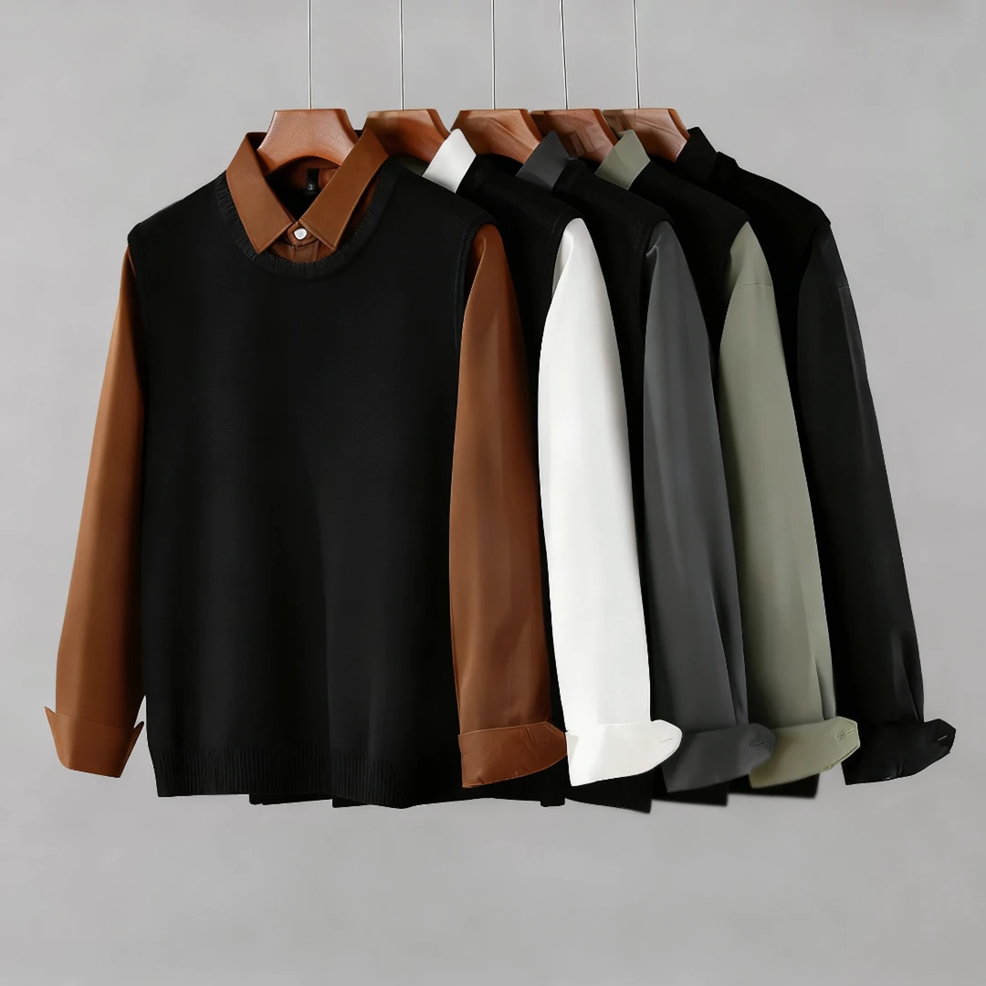 新款绅士风气质拼接翻领假两件针织衫男轻奢时尚潮流百搭上衣