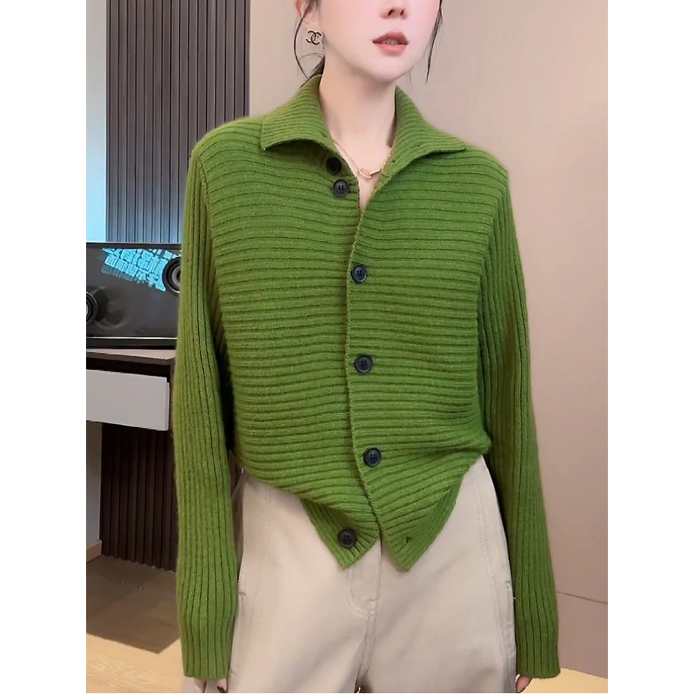 绿色立领针织开衫外套女秋冬新款慵懒风软糯宽松显瘦外穿毛衣上衣