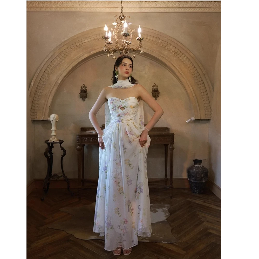 小丽75雾中铃兰 2025夏季高级不撞款露肩碎花中长款V领抹胸连衣裙