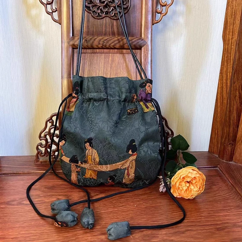 【香云纱抽绳斜挎包】100%桑蚕丝花罗面料新中式明制小挎包单肩