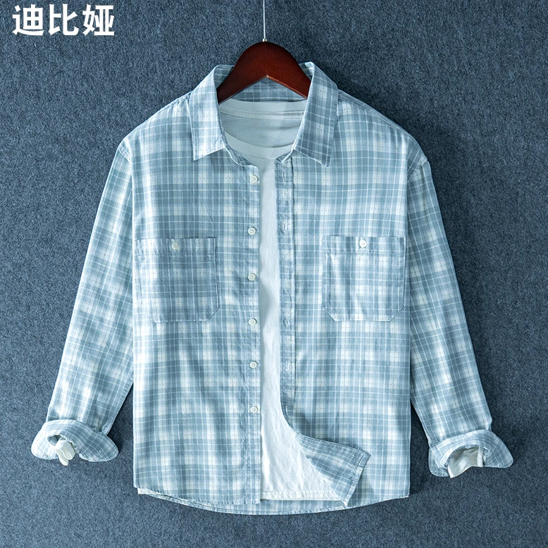迪比娅春夏季薄款双口袋男纯棉蓝白格子长袖衬衫休闲宽松男衬衣M