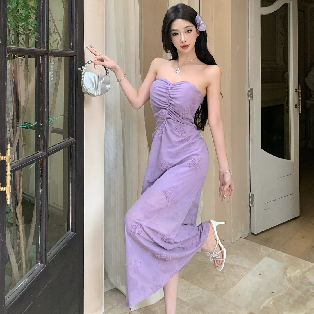 紫色抹胸连衣裙女夏2025新款法式小众设计感海边度假无袖沙滩裙子