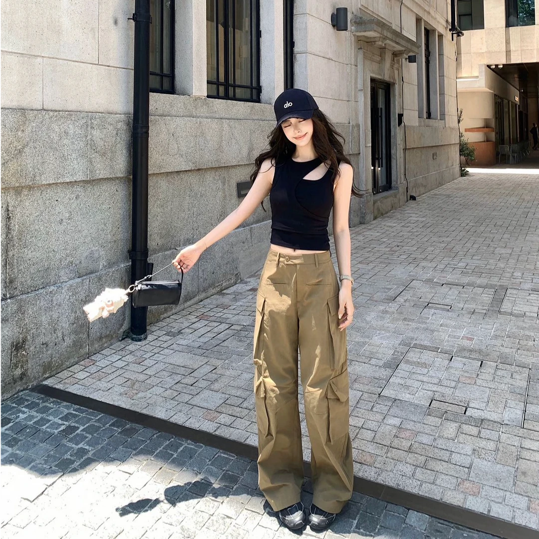 时尚黑色吊带背心女夏季2025新款高腰显瘦百搭休闲工装阔腿长裤子