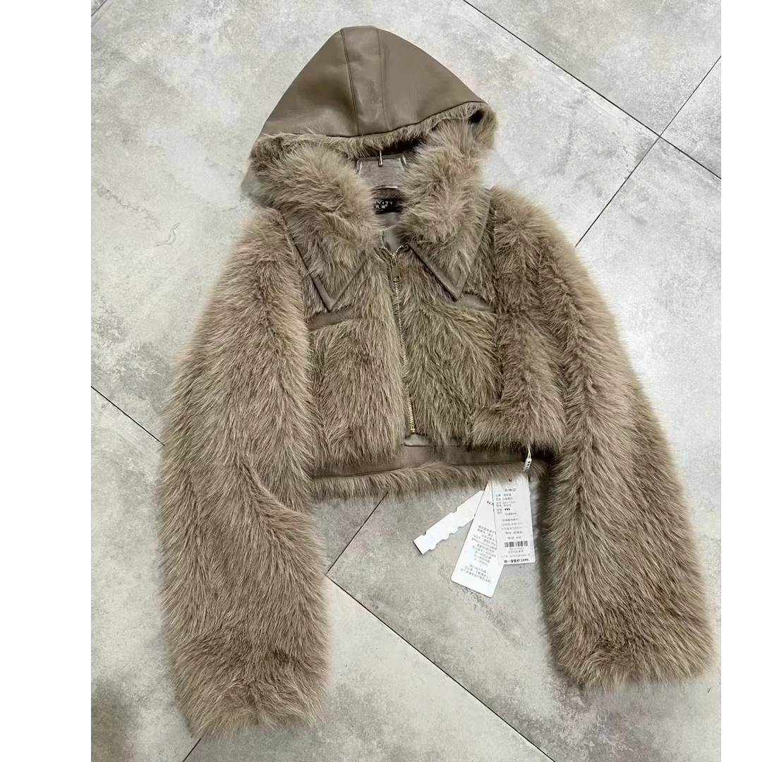 秋冬连帽时髦连帽短款毛绒外套4617