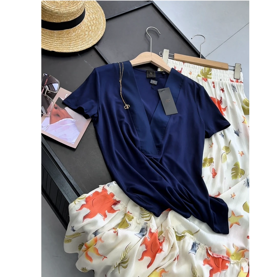 大V领藏青色短袖体恤上衣夏季新款韩版纯色简约内搭外穿上衣女