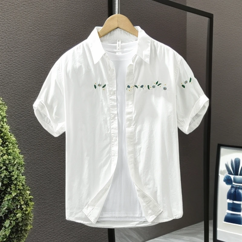 轻奢日系个性刺绣短袖衬衫男士户外休闲夏季百搭休闲文艺休闲衬衫