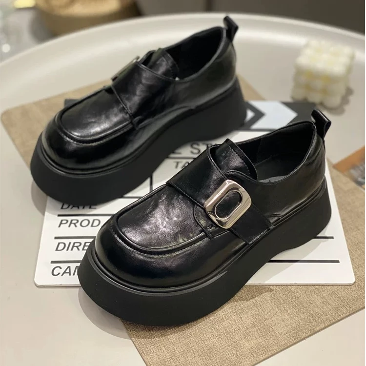 黑色英伦厚底魔术贴乐福鞋学院风8177