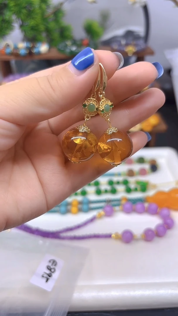 琥珀（花珀）14K金镶嵌耳饰E895