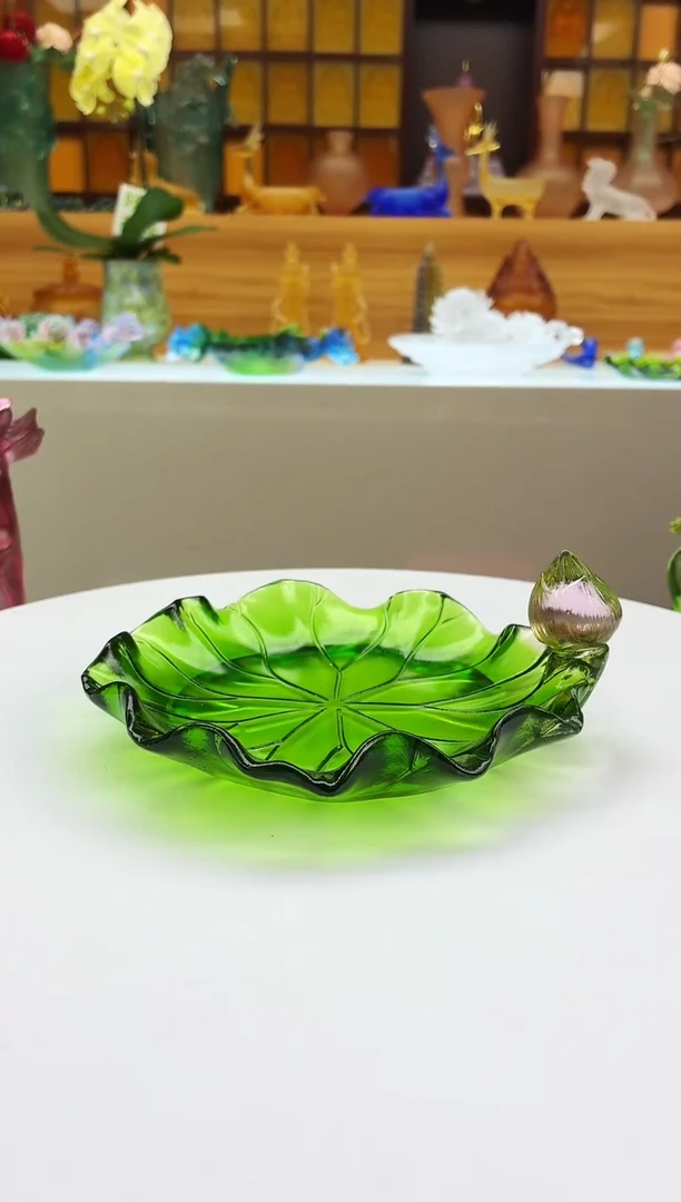 手工艺品琉璃绿色荷叶壶承17公分