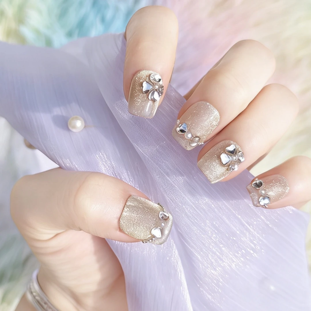 纯手工浅香槟金闪粉钻饰穿戴甲 长款尖形精致美甲 高级感拉满