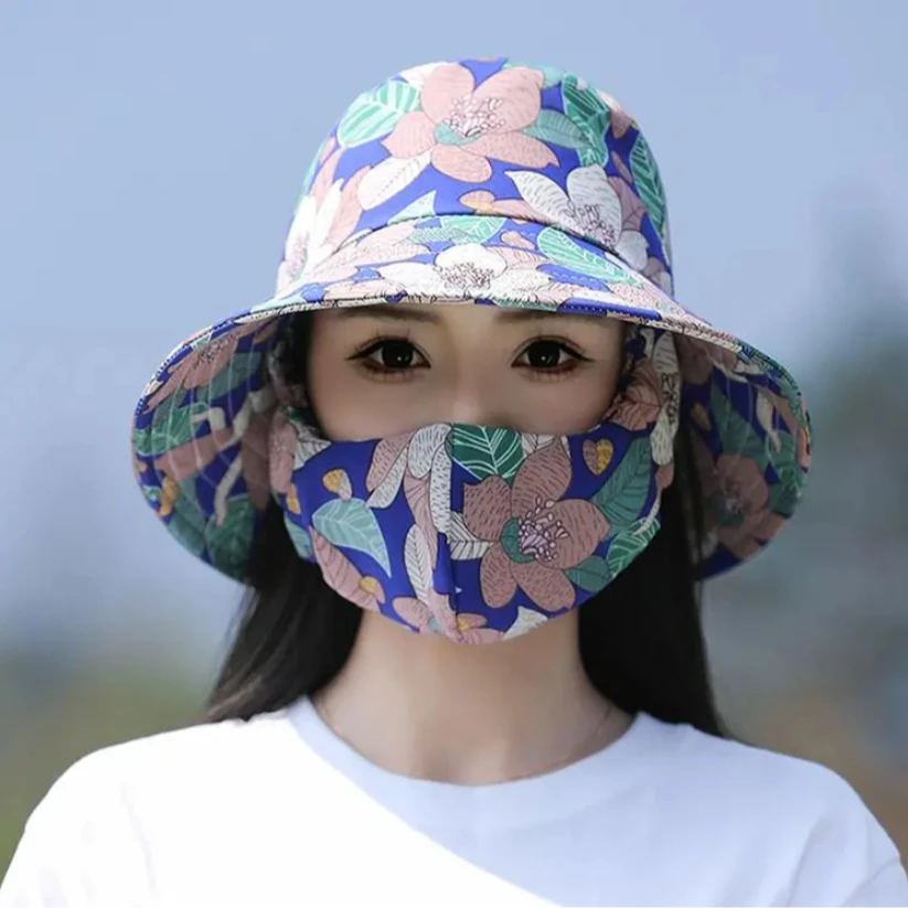 【厂家直销】透气款防晒口罩一体遮阳帽女款户外骑行头部防护采茶帽