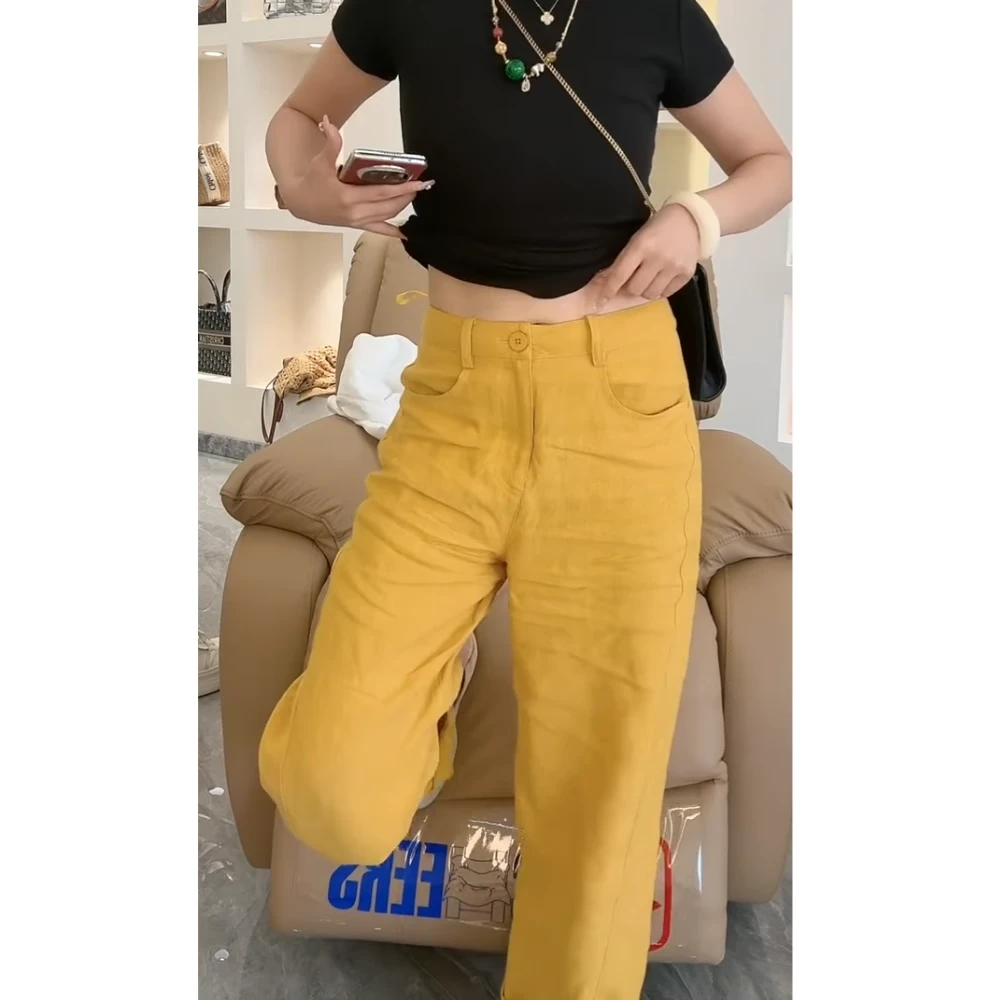 黄色阔腿亚麻休闲裤女夏季薄款大码胖mm显瘦高腰宽松直筒拖地裤子