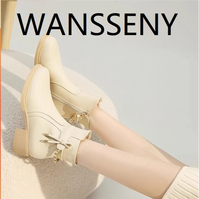 WANSSENY配裙子的靴子女秋冬新款温柔显瘦小短靴女真皮加绒马丁靴