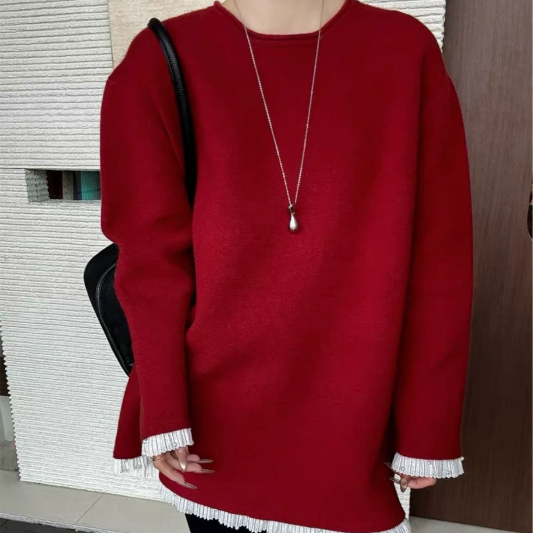 39032#圆领重工下摆蕾丝拼接假两件套头毛衣针织衫中长款