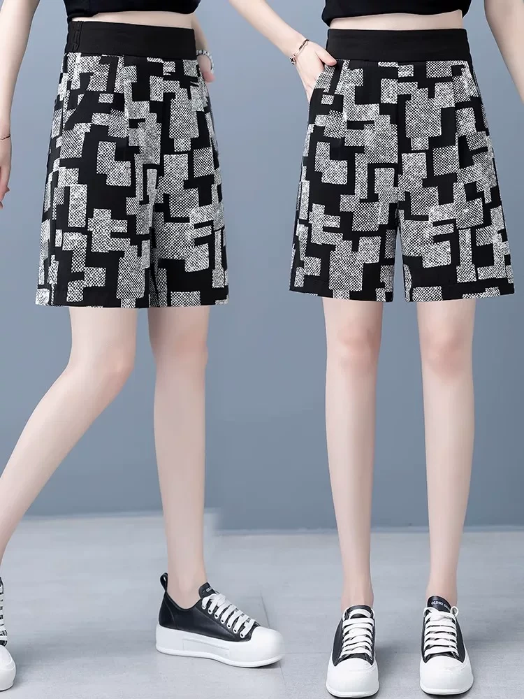 305【裤长42】时尚格子阔腿短裤女2025夏季新款百搭显瘦休闲裤
