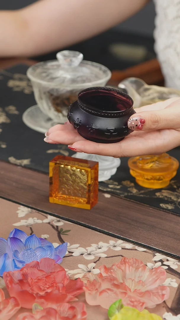 手工艺品琉璃古法琉璃紫色十二时辰鼓形盖置