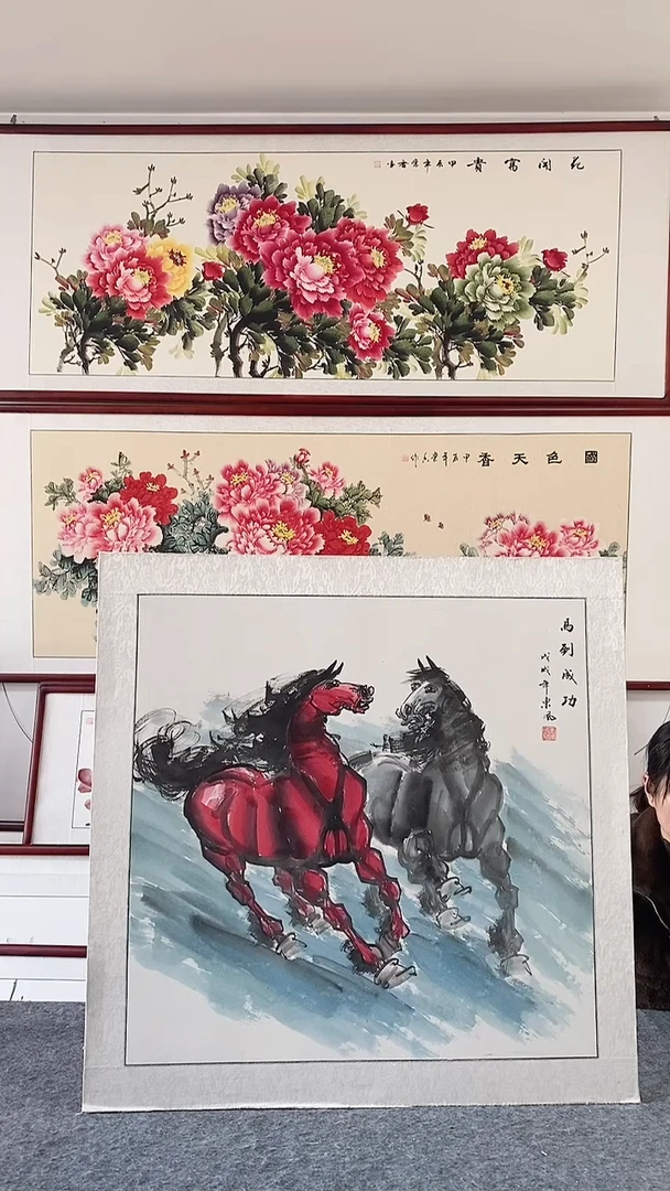 国画纯手绘国画85*85带框装饰挂画