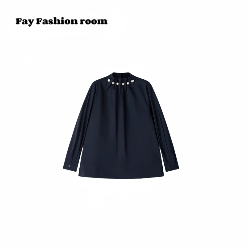 【珍珠坠饰】褶皱领口极简线条宽松套头衬衫