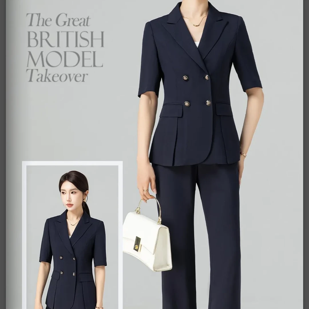 职业装正装女商务套装藏青色五分袖西服双排扣阔腿裤工作服