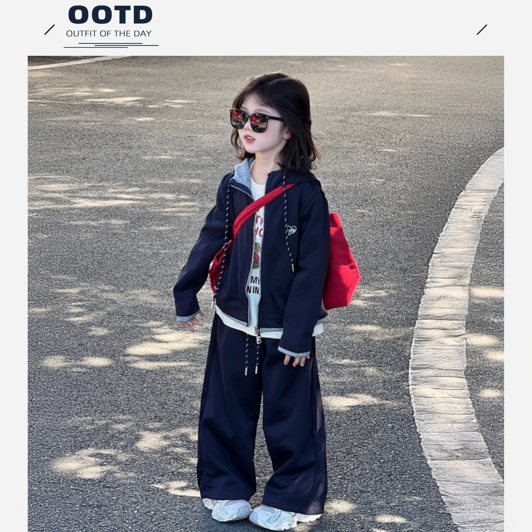 韩系女童洋气运动套装春秋款2025新款女大童连帽开衫外套卫裤秋装