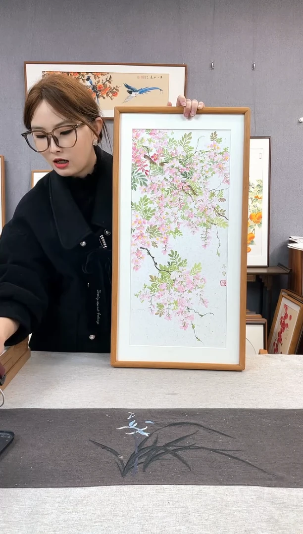 【闪购商品】国画闫冬雪-手绘带框作品-35*68-紫藤