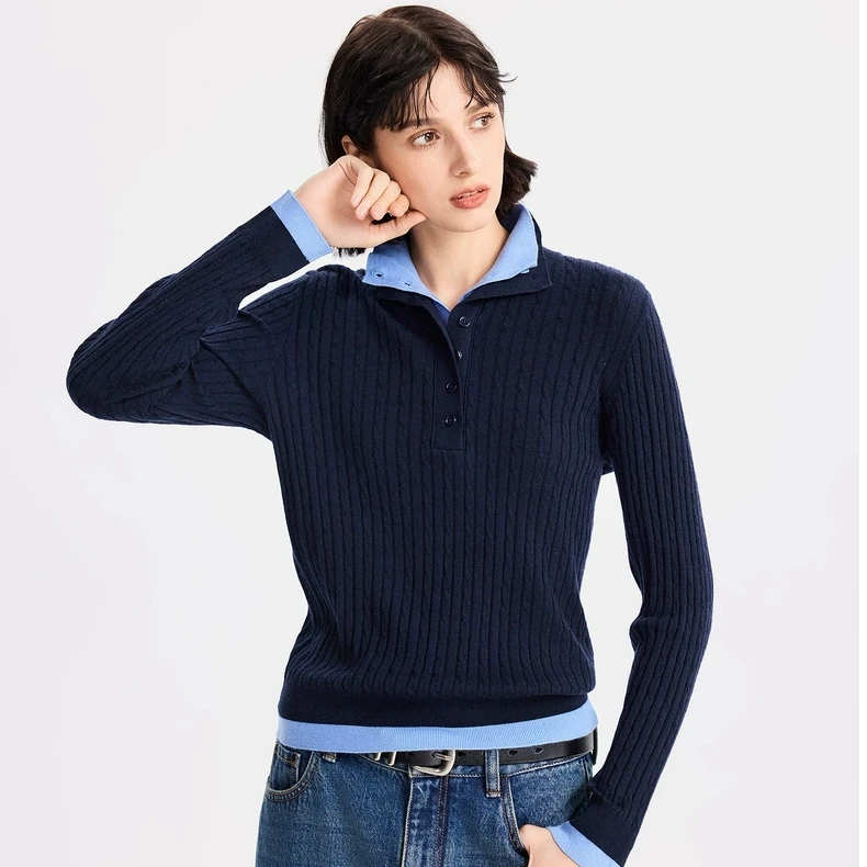 初棉【10.3上新】羊毛撞色假两件翻领设计师拼接针织衫366635045