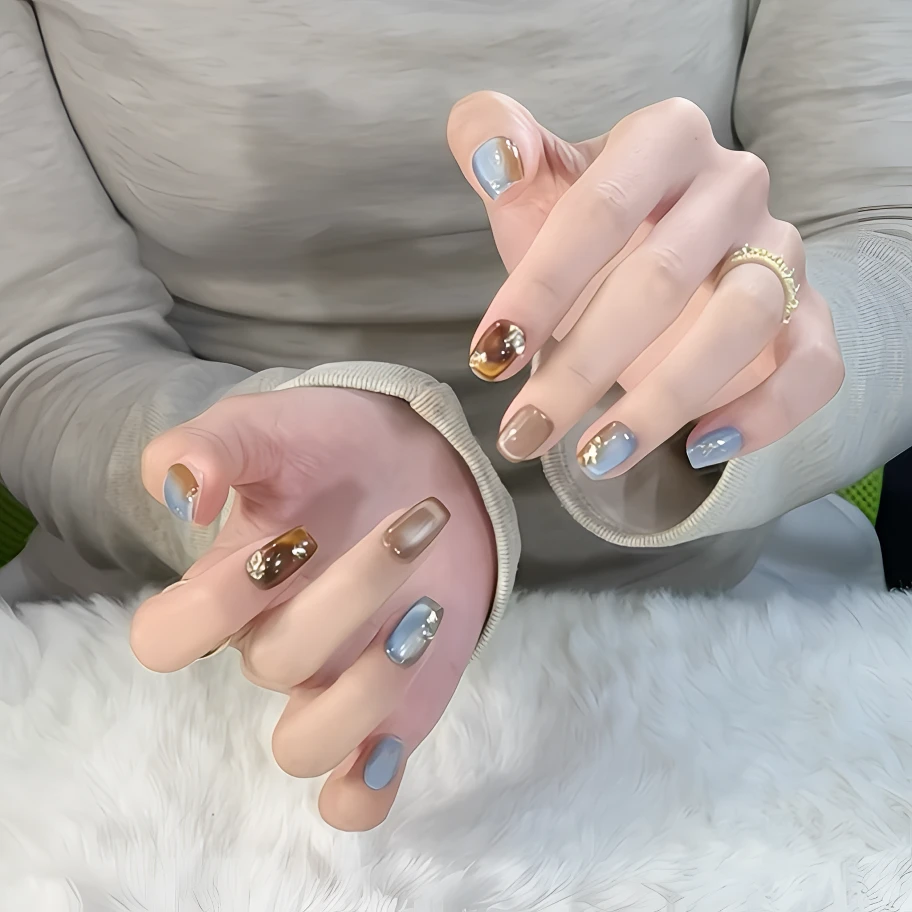 YoMi【梧桐叶】纯手工晕染拼接猫眼彩钻石风简约穿戴式美甲11