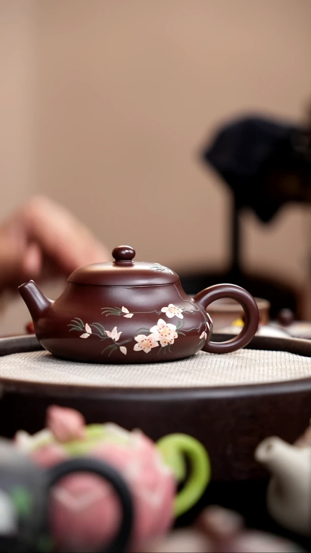 茶壶紫砂紫泥静乐泥绘三花