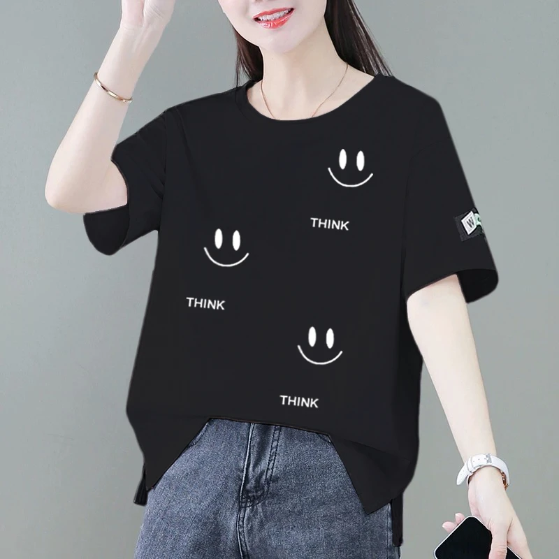 100%纯棉短袖t恤女夏季新款韩版宽松显瘦遮肚时尚减龄百搭上衣女