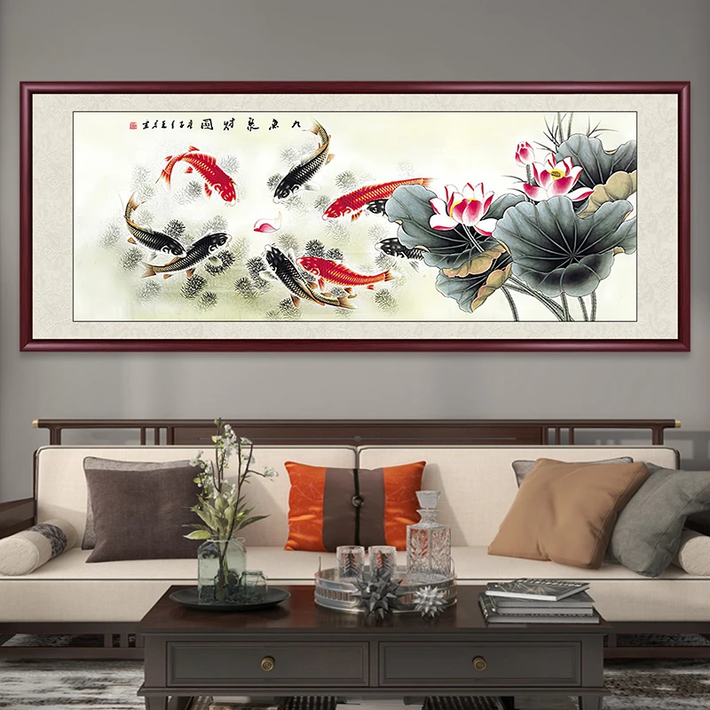 九鱼图国画客厅墙壁画装饰画办公室字画挂画荷花鲤鱼水墨画花鸟画