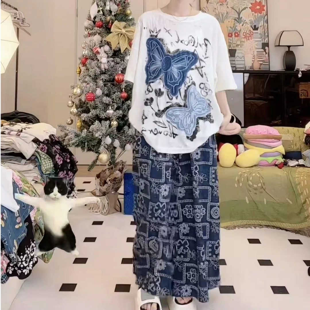 大码宽松磨破做旧立体剪裁蝴蝶短袖几何花之秘境阔腿裤套装韩系