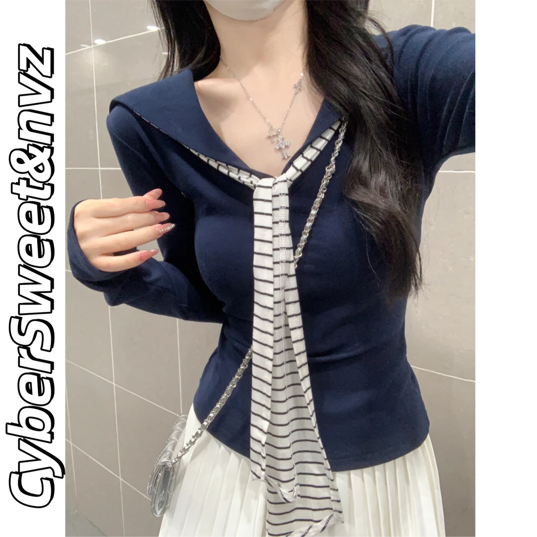 2025秋冬撞色条纹海军领飘带长袖T恤女学院风修身显瘦打底上衣潮