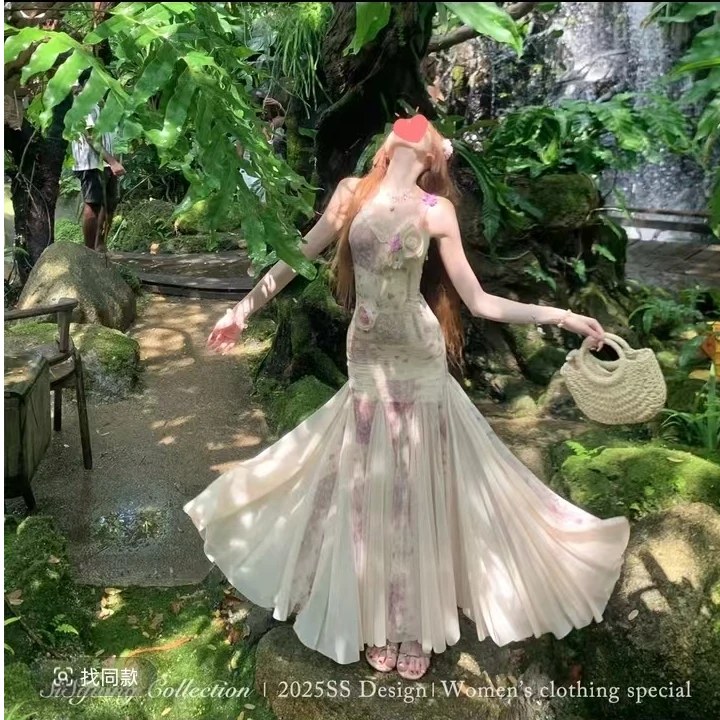 “花开半夏”法式浪漫花朵修身显瘦气质鱼尾吊带长裙