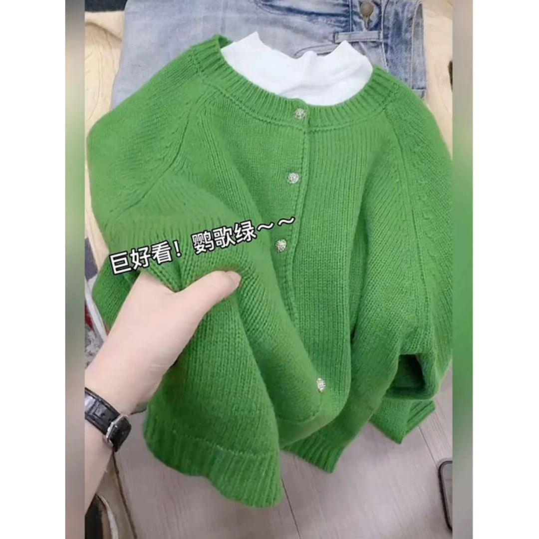 3034【鹦歌绿加厚开衫】春季新款气质毛衣外套慵懒风女士上衣