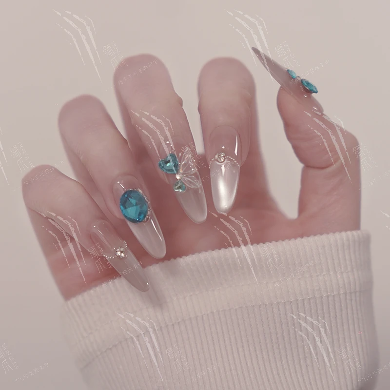 【海洋之心】孔雀蓝高级感冰透渐变猫眼奢华感十足纯手工穿戴甲