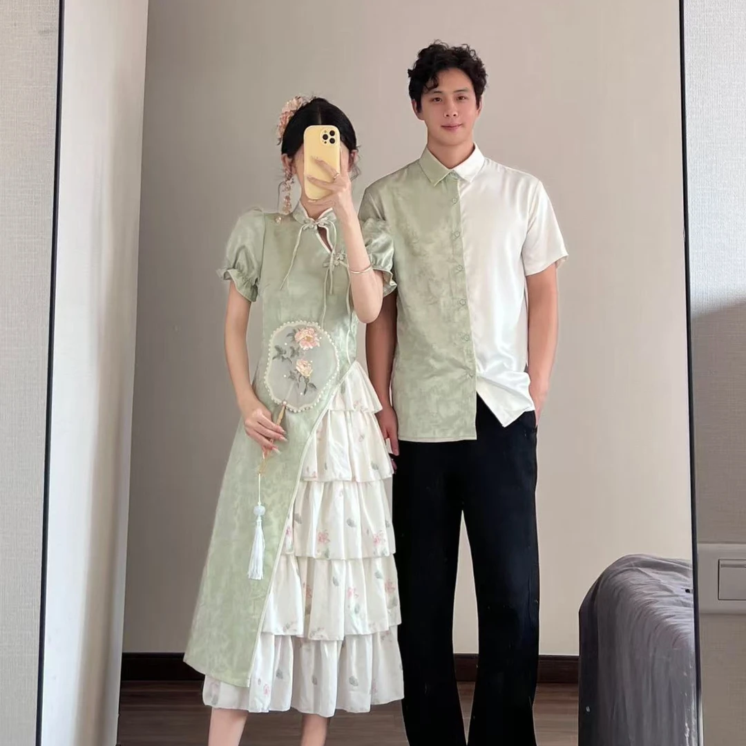 情侣装夏季新中式印花改良旗袍连衣裙显瘦男衬衫一裙一衣