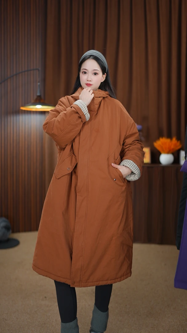 晨姐Bay常规女士长款保暖插肩袖连帽棉服棉衣加厚复古文艺棉袄15
