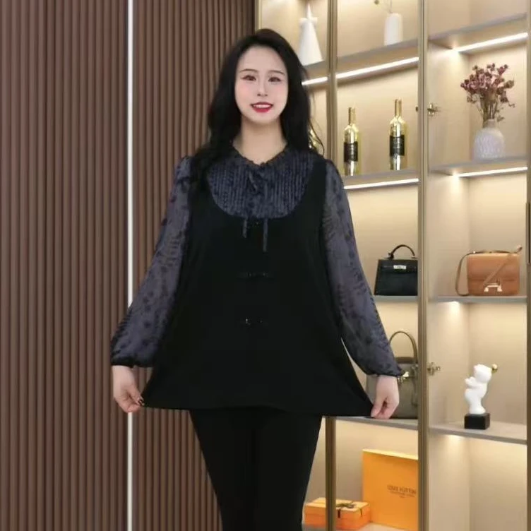 胖大柳定制大码气质新款百搭遮肉显瘦宽松假两件上衣