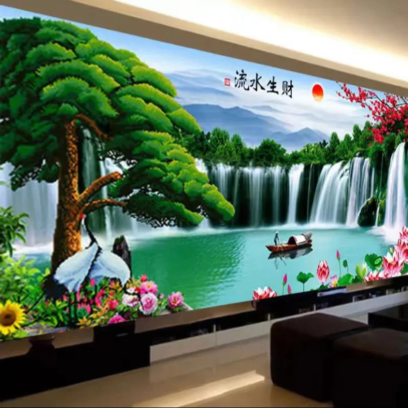 2025新款流水生财自粘画贴画精品迎客松客厅山水画风景床头装饰画