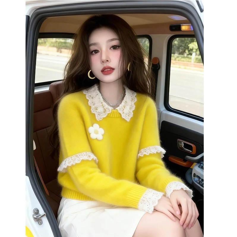 黄色毛衣女2025秋慵懒高级感独特超好看减龄软糯气质套头针织上衣