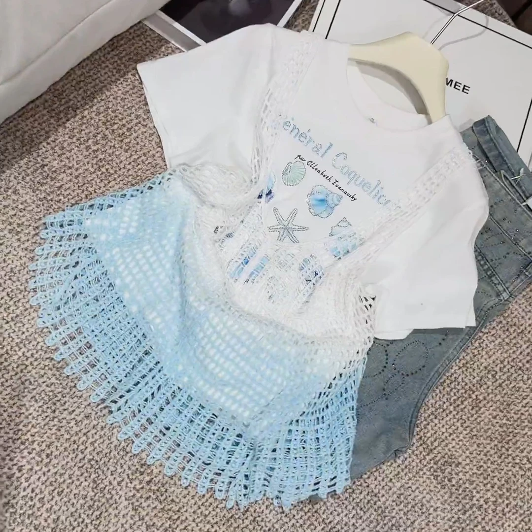 夏季圆领重工透气短袖镂空两件上衣高级感时尚显瘦T恤DP6527