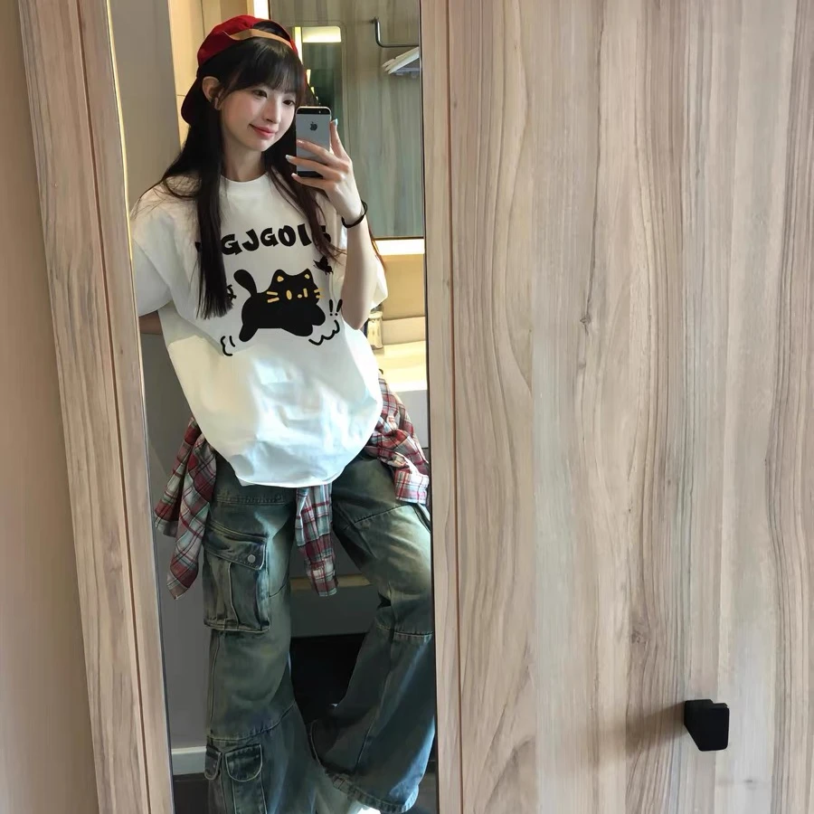 美式白色短袖t恤女夏季2025新款oversize宽松设计感小众甜美上衣