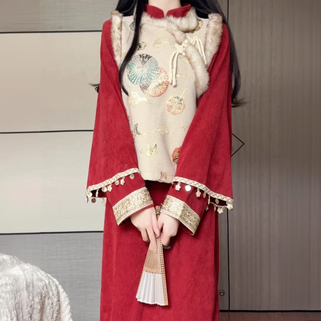 抹茶麻薯2025年秋冬季新款改良马甲旗袍复古民国风灯芯绒少女长裙