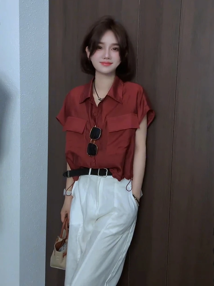 今年流行的漂亮小衫高级感轻奢减龄洋气设计感小众红色衬衫夏季女