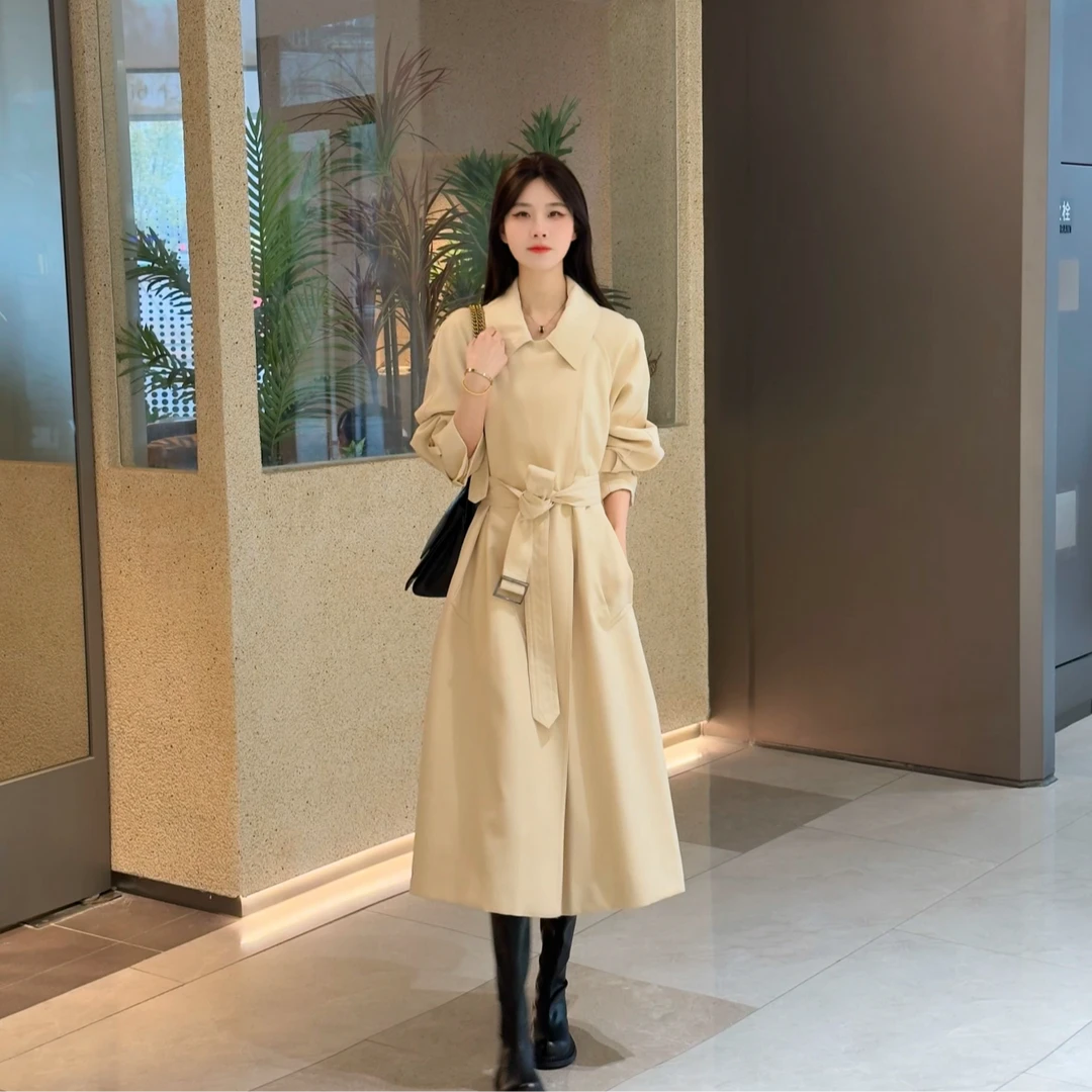 LOSA ROSA春季新款复古气质时尚翻领系带小个子风衣中长款外套女