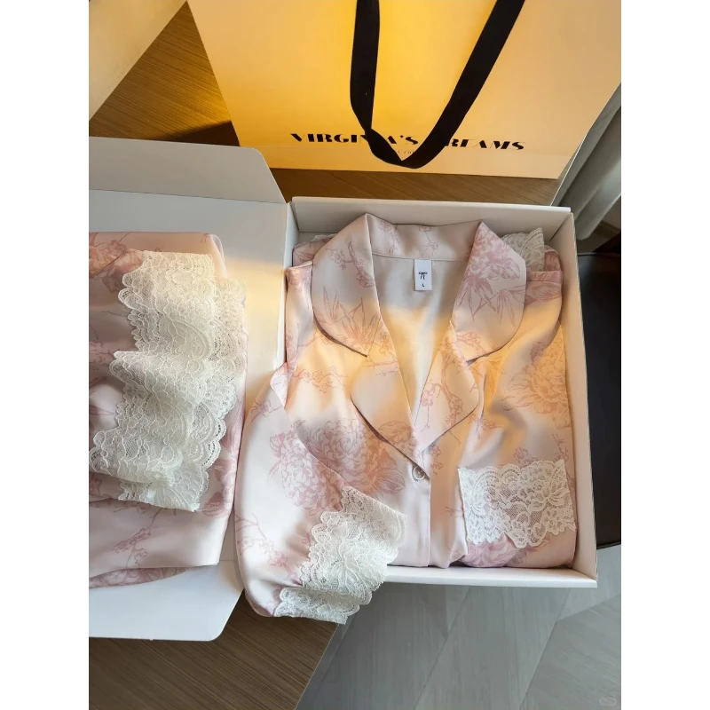 洋气设计感轻奢蕾丝花边性感睡衣女士春夏冰丝大码显瘦居家服套装